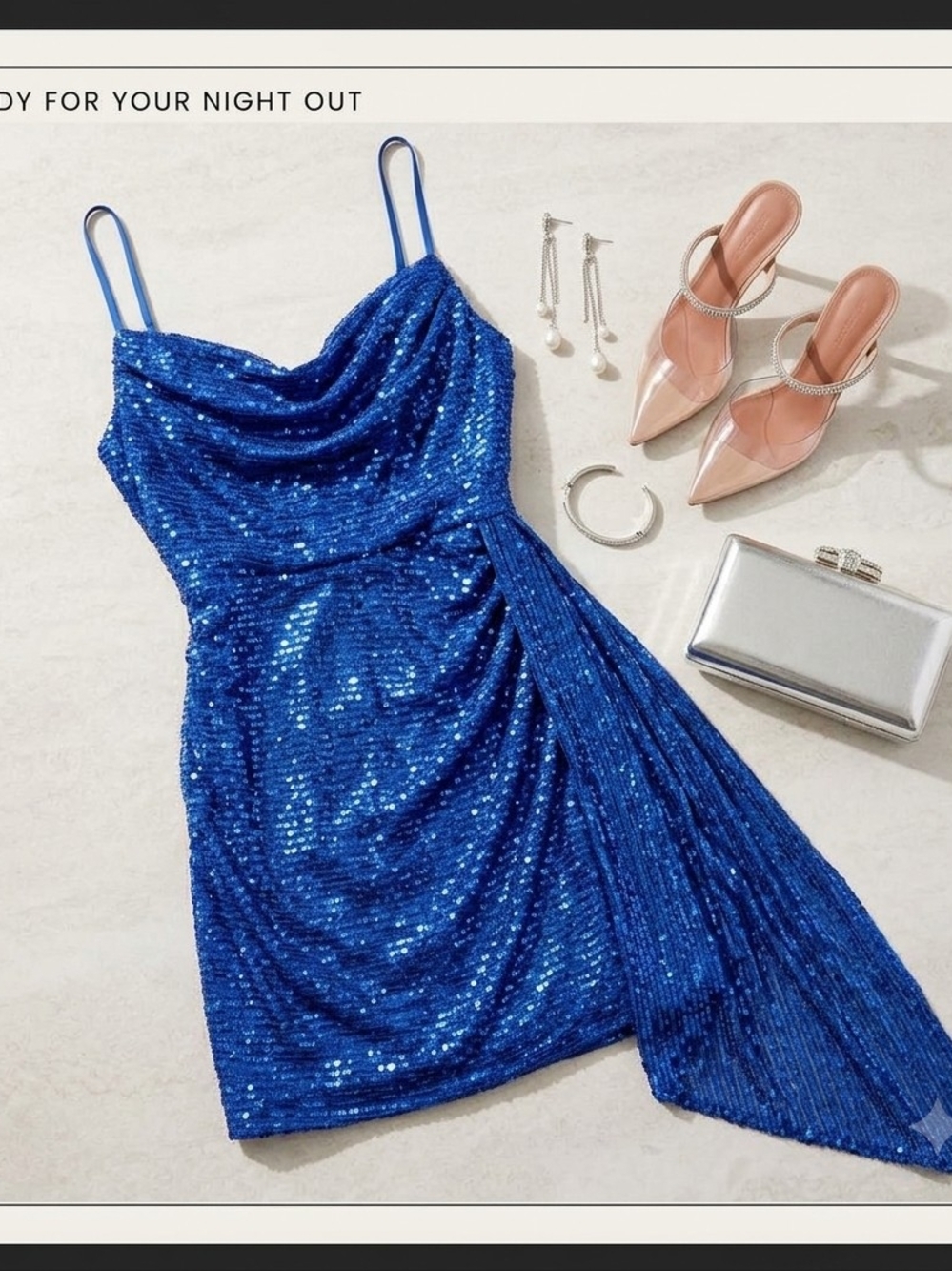 Sequin Cowl Neck Mini Dress in Royal Blue